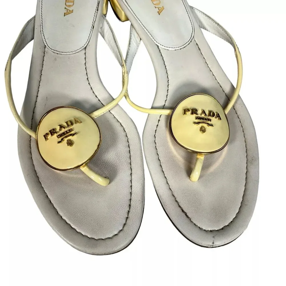 Prada Cream Enamel Logo Plaque Leather Flip Flop Sandals Size EU 40 Womens - Picture 11 of 16